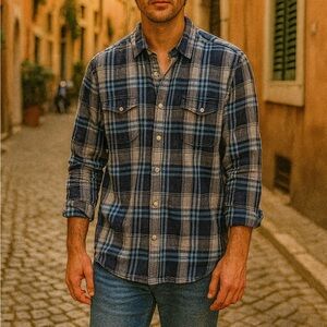 Men’s Goodthreads Blue Soft Linen Blend Standard Button Down Shirt Size Large